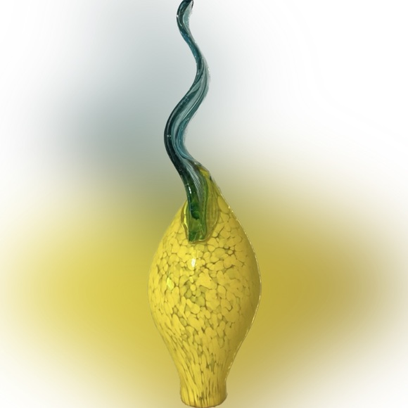 ❌❌❌Blown Glass Art - Yellow Bulb - Blue Leaf - 13” Tall - Handmade - Picture 3 of 9